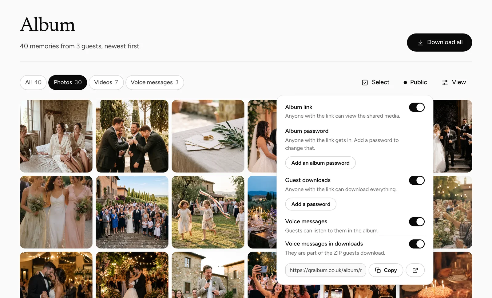 Sharing panel in the dashboard with Guest downloads switched on and an “Add a password” button below it.