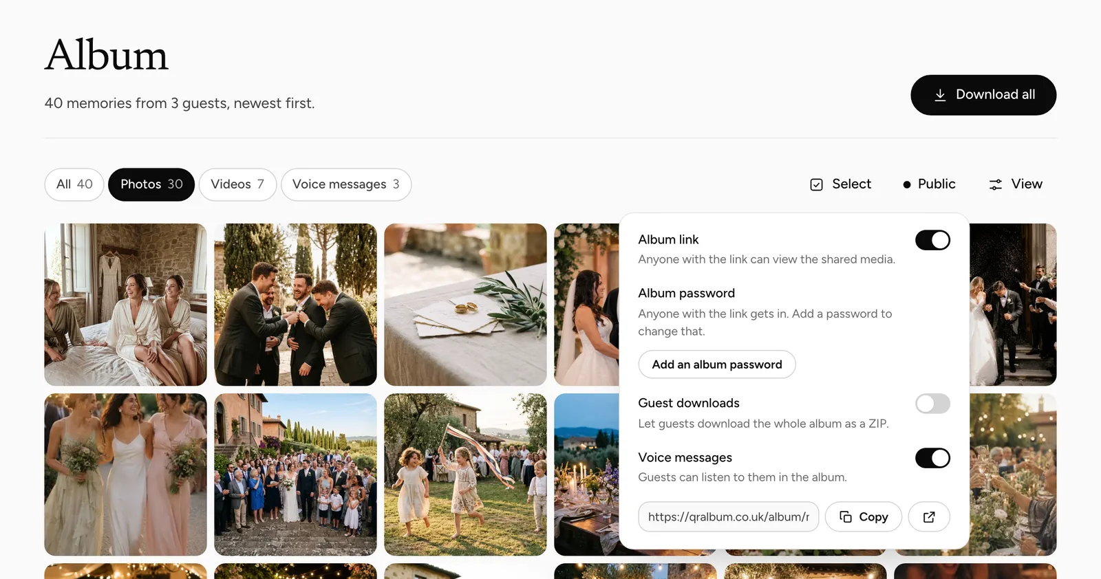 Album page in the dashboard with Sharing open: Album link on, Album password, Guest downloads off, Voice messages on.