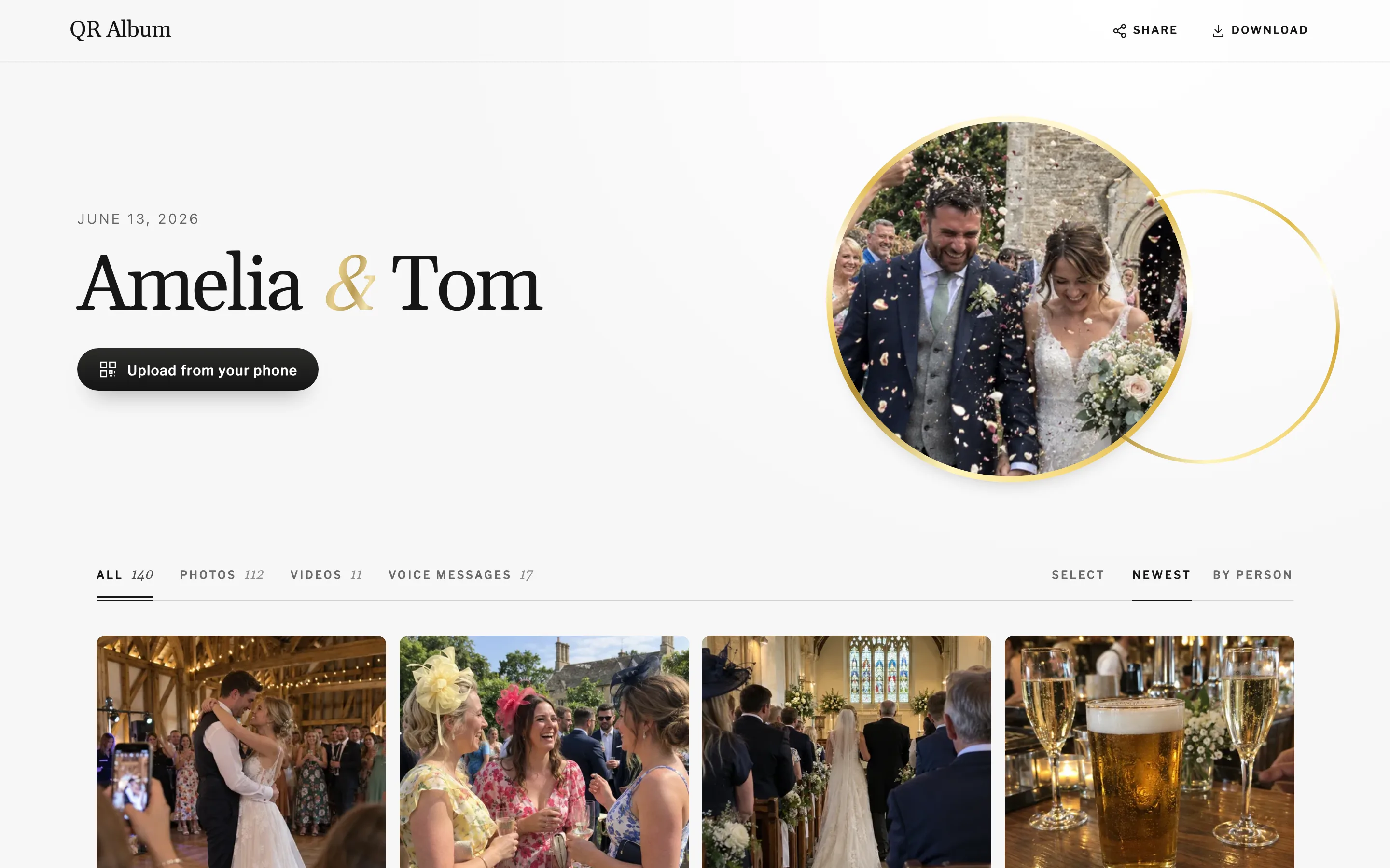 Example guest album for Amelia & Tom on a laptop, with tabs for photos, videos and voice messages