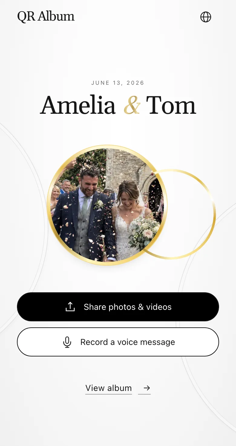 Example guest page on a phone, with buttons to share photos and videos or record a voice message