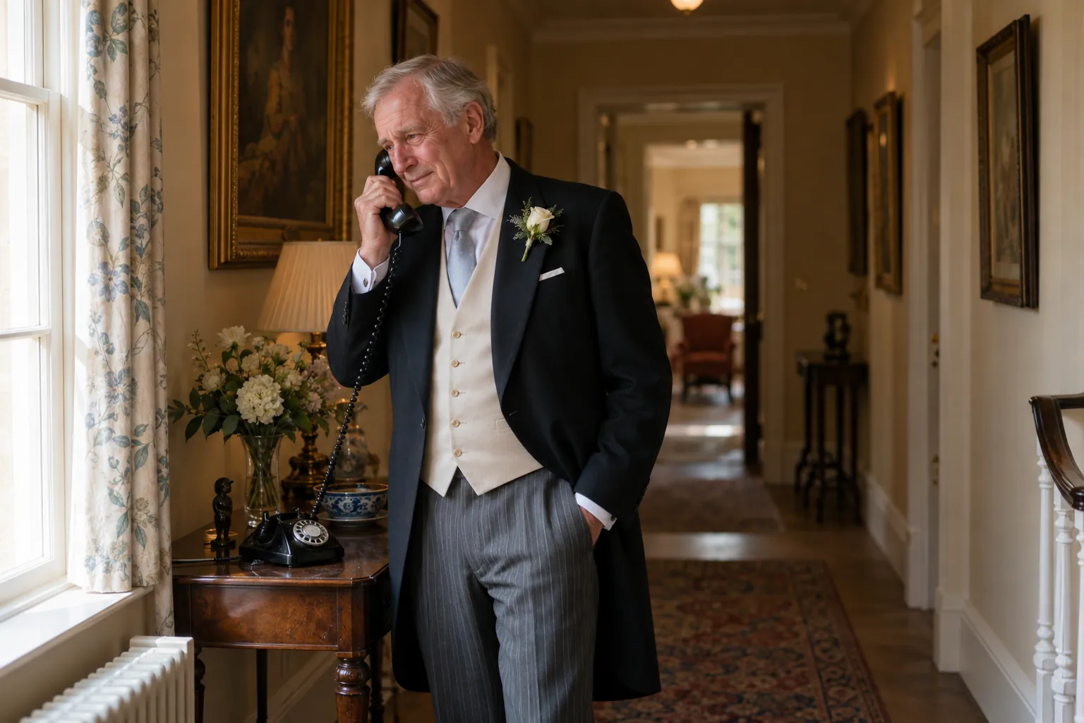 The father of the bride in a morning suit stands in a quiet hallway and speaks softly into a black vintage handset