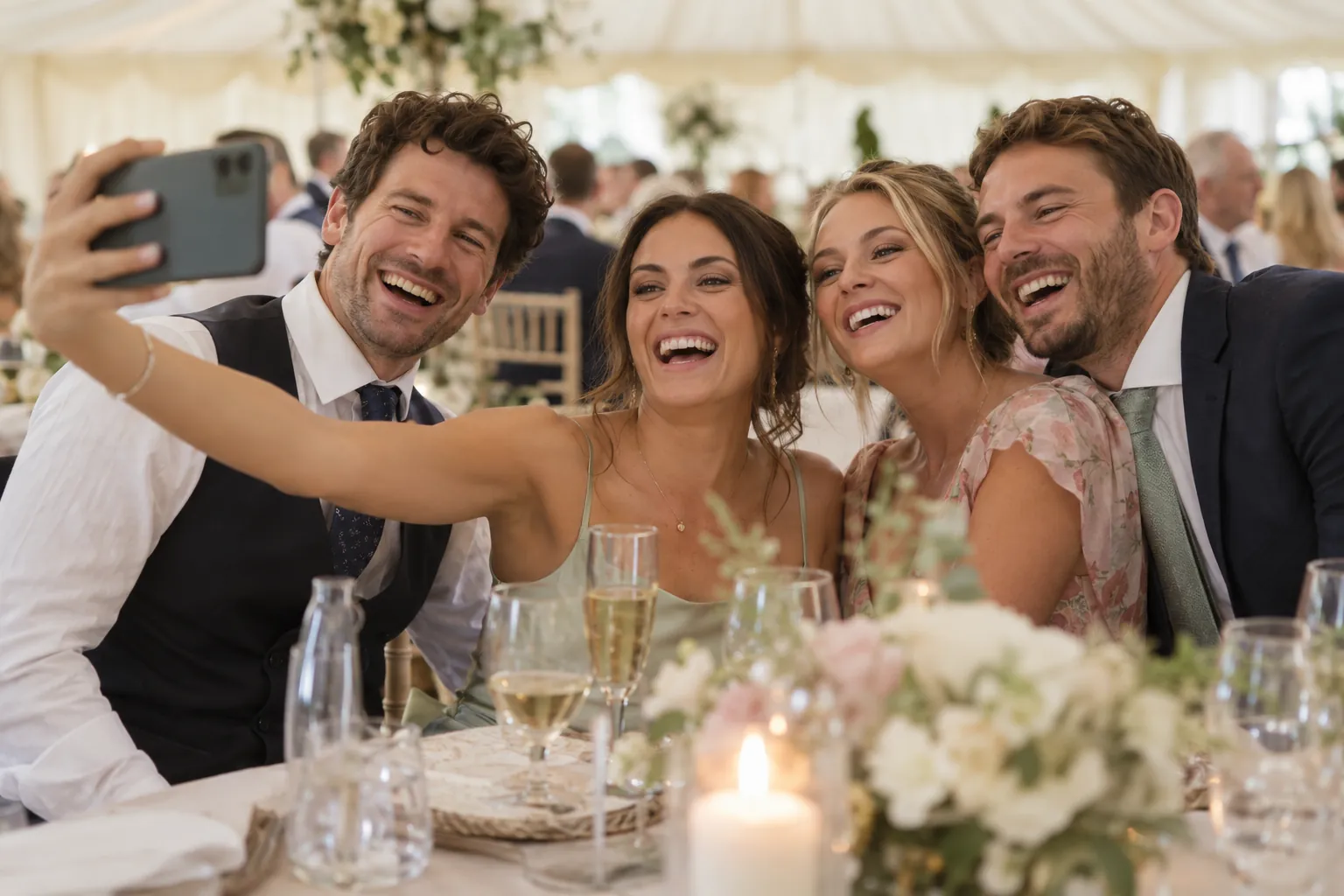 Four friends at a reception table in a marquee lean in around one phone and laugh while recording a message