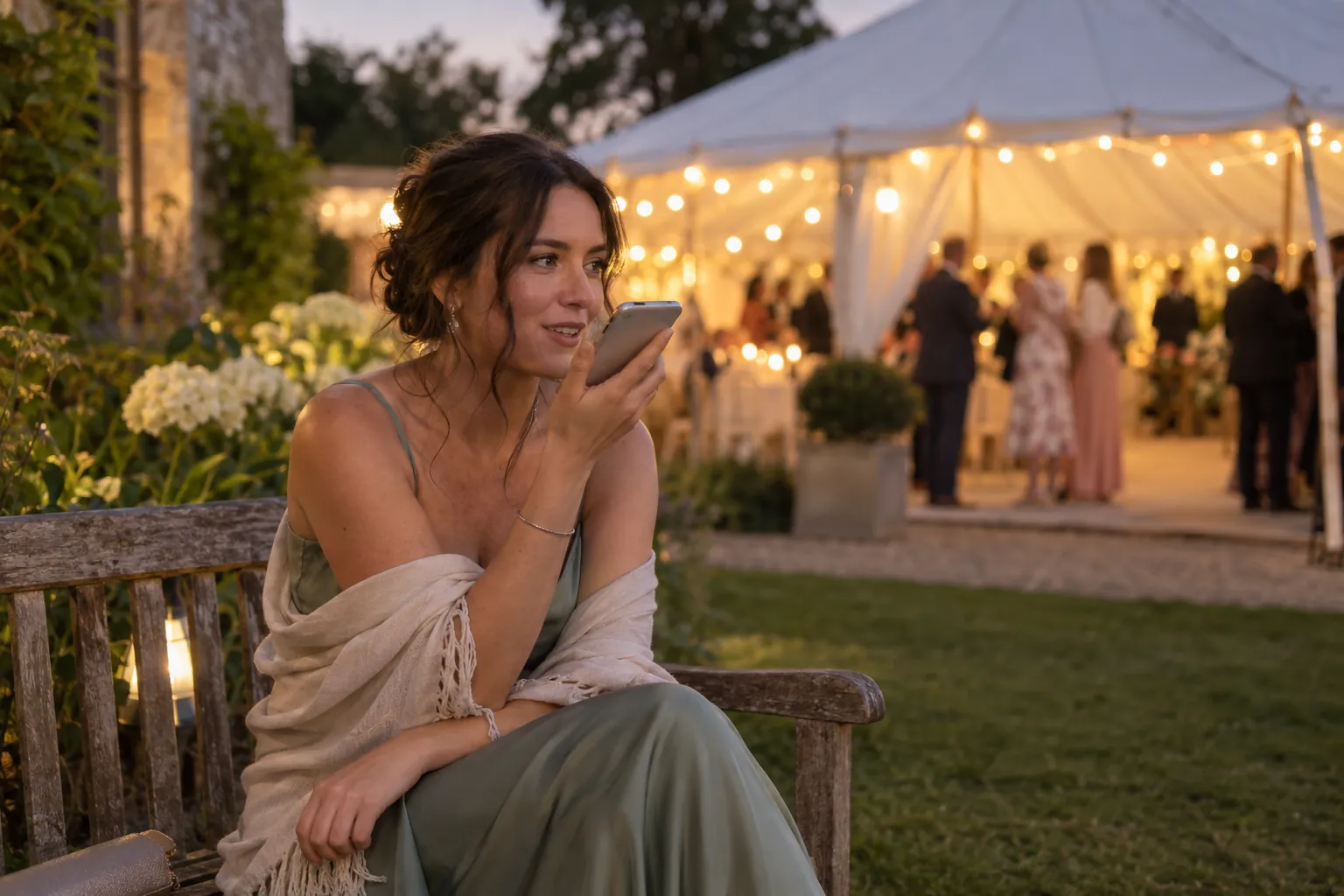 A wedding guest sits on a garden bench at dusk and records a voice message on her own phone, a lit marquee behind her