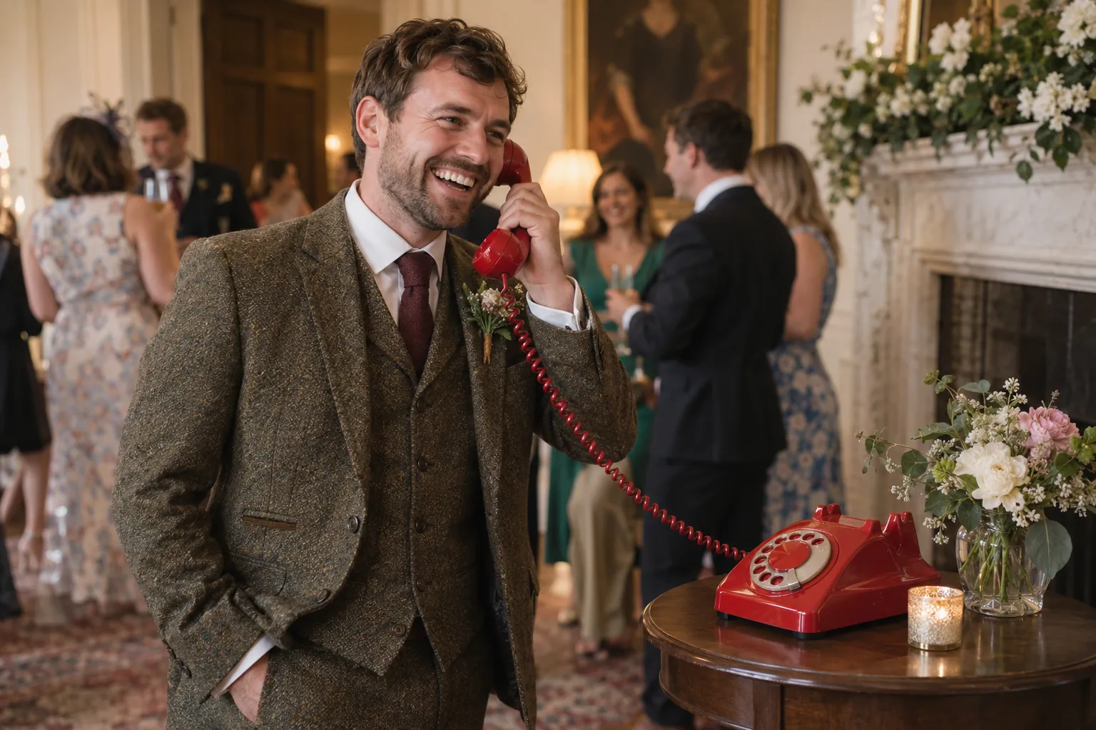 A wedding guest in a tweed suit laughs as he lifts the handset of a red vintage telephone at a country house reception