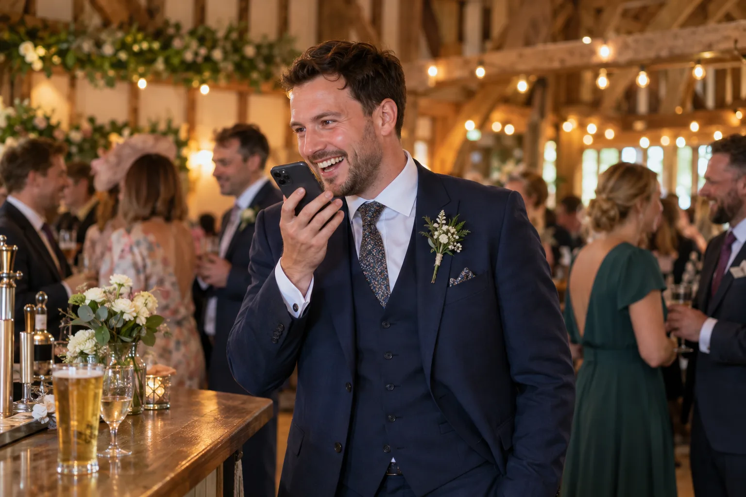 A groomsman at the bar of a barn wedding records a voice note on his phone