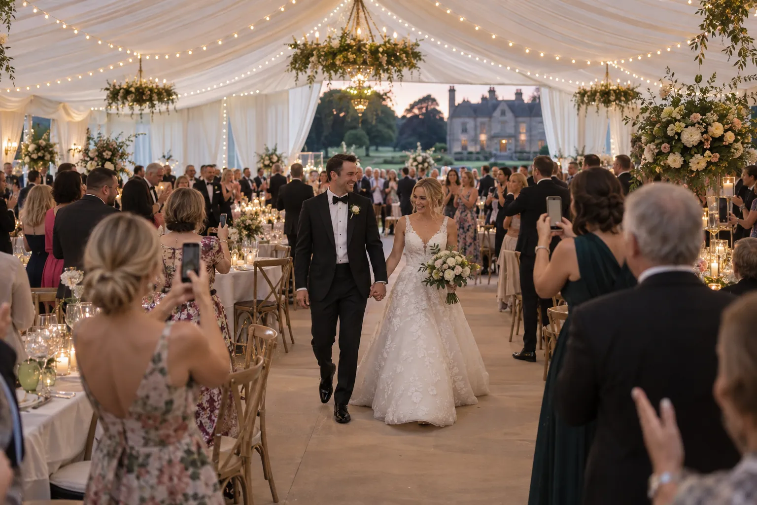 Guests at round tables in a large marquee hold up their phones as the bride and groom make their entrance