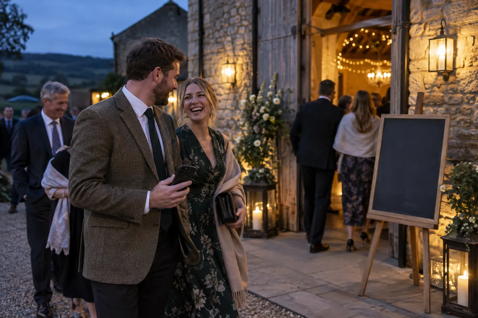 Evening guests arrive at a stone barn beside a blank chalkboard sign, one holding his phone