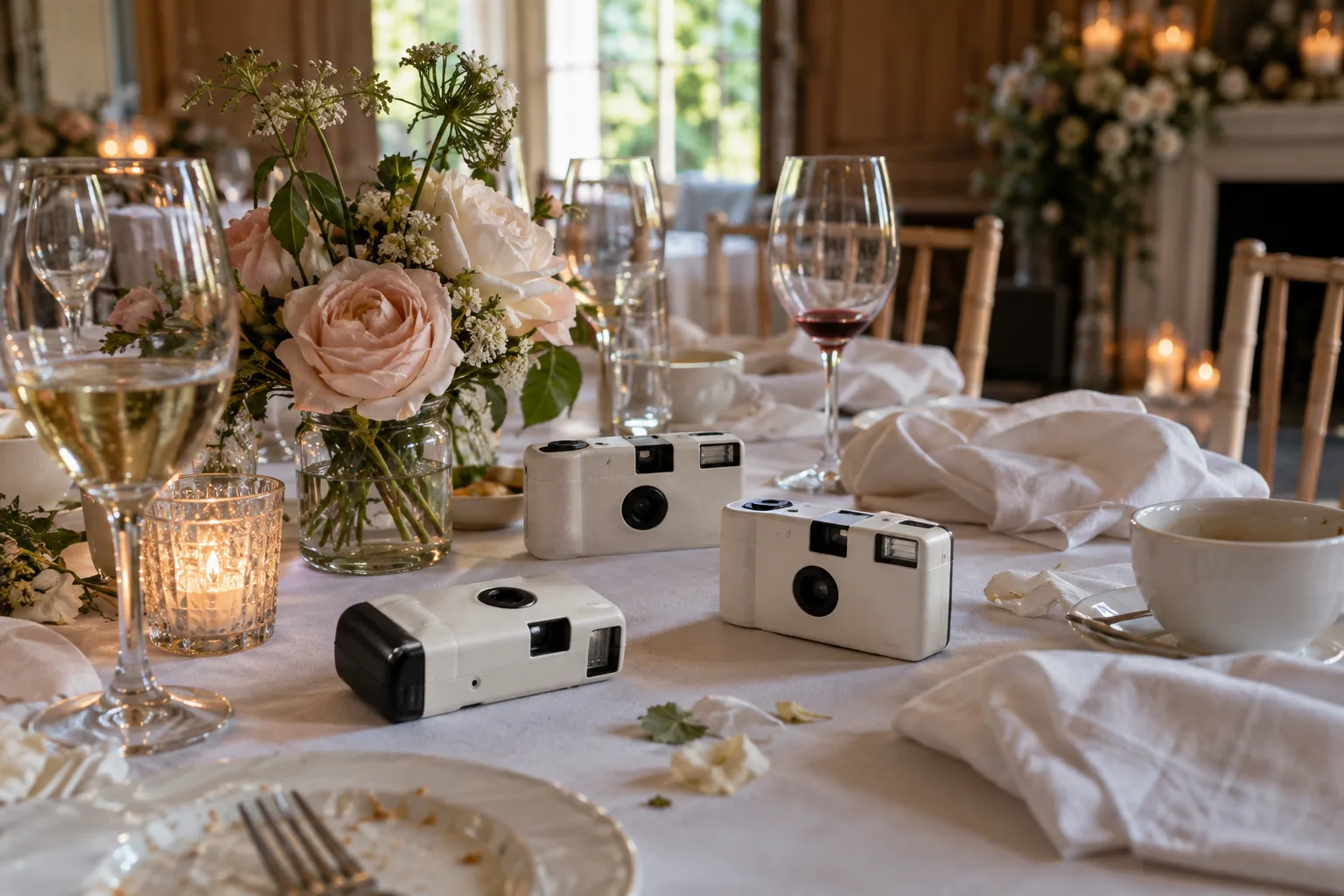 Three disposable cameras left among wine glasses and napkins on a reception table after dinner