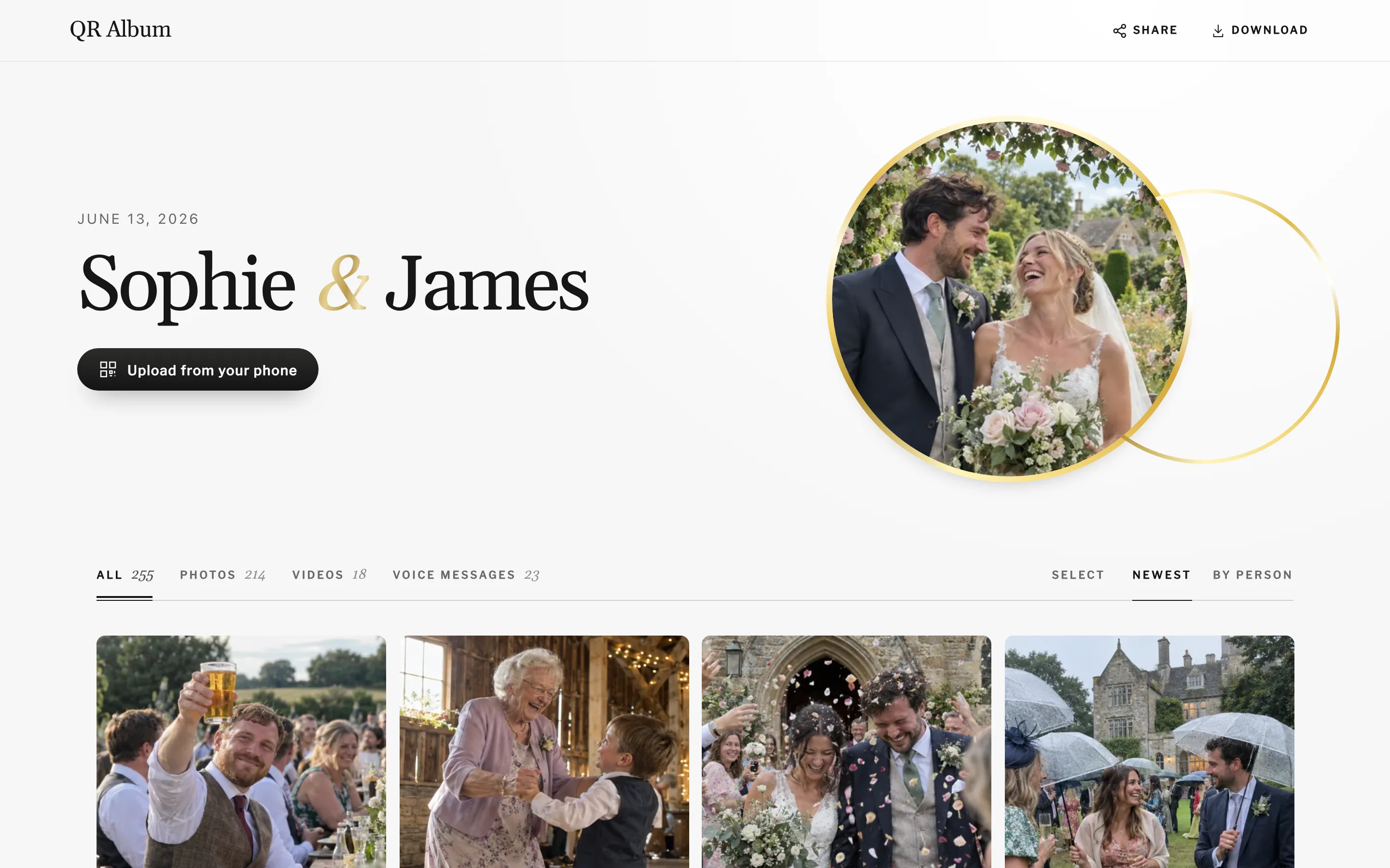 Guest album on a laptop with photos from Sophie and James's wedding