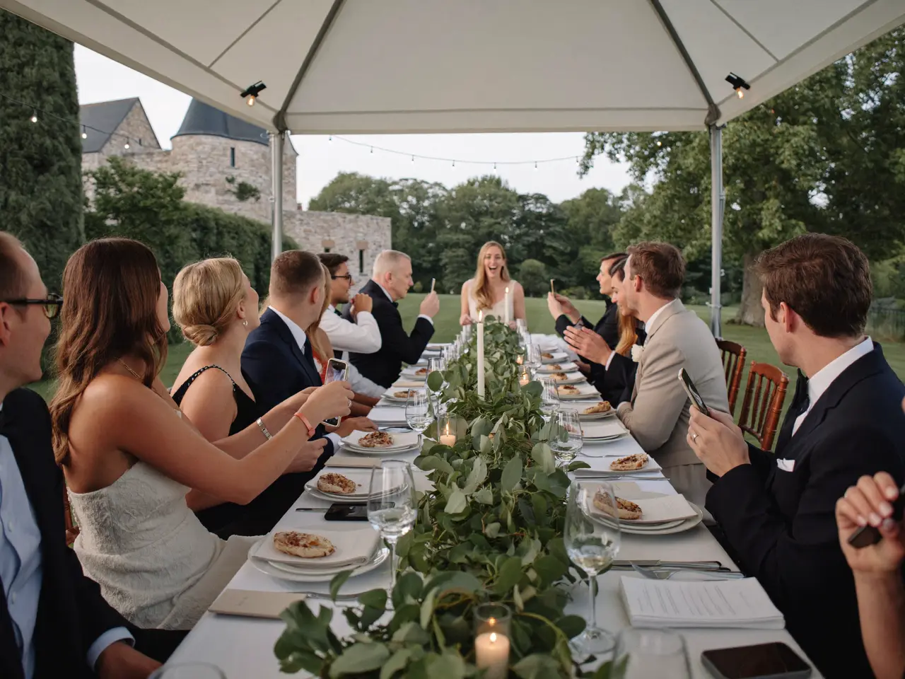 The wedding party at long tables in the marquee at dusk