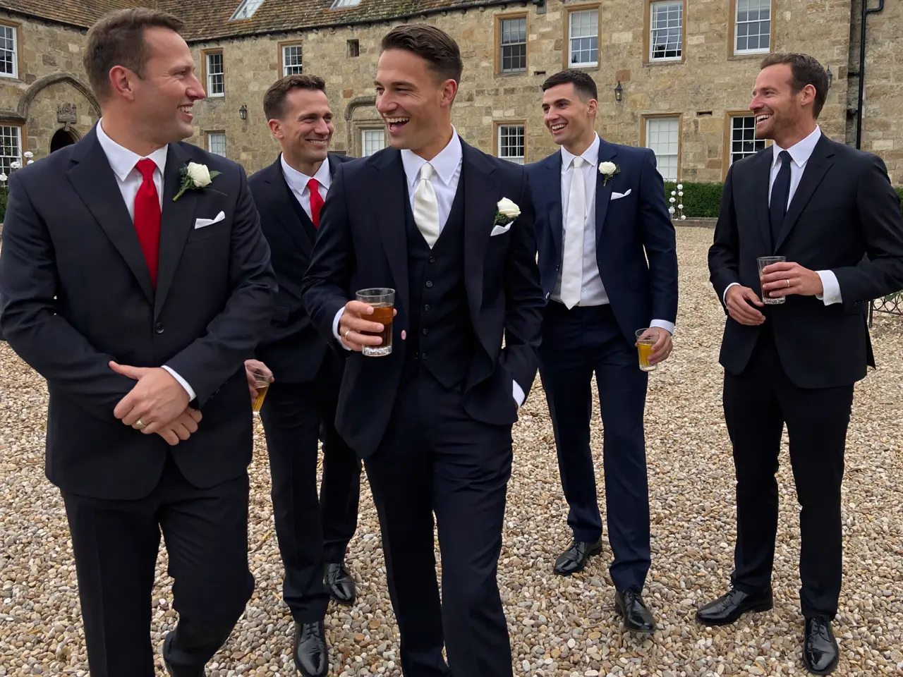 The groom laughing with his groomsmen in the courtyard