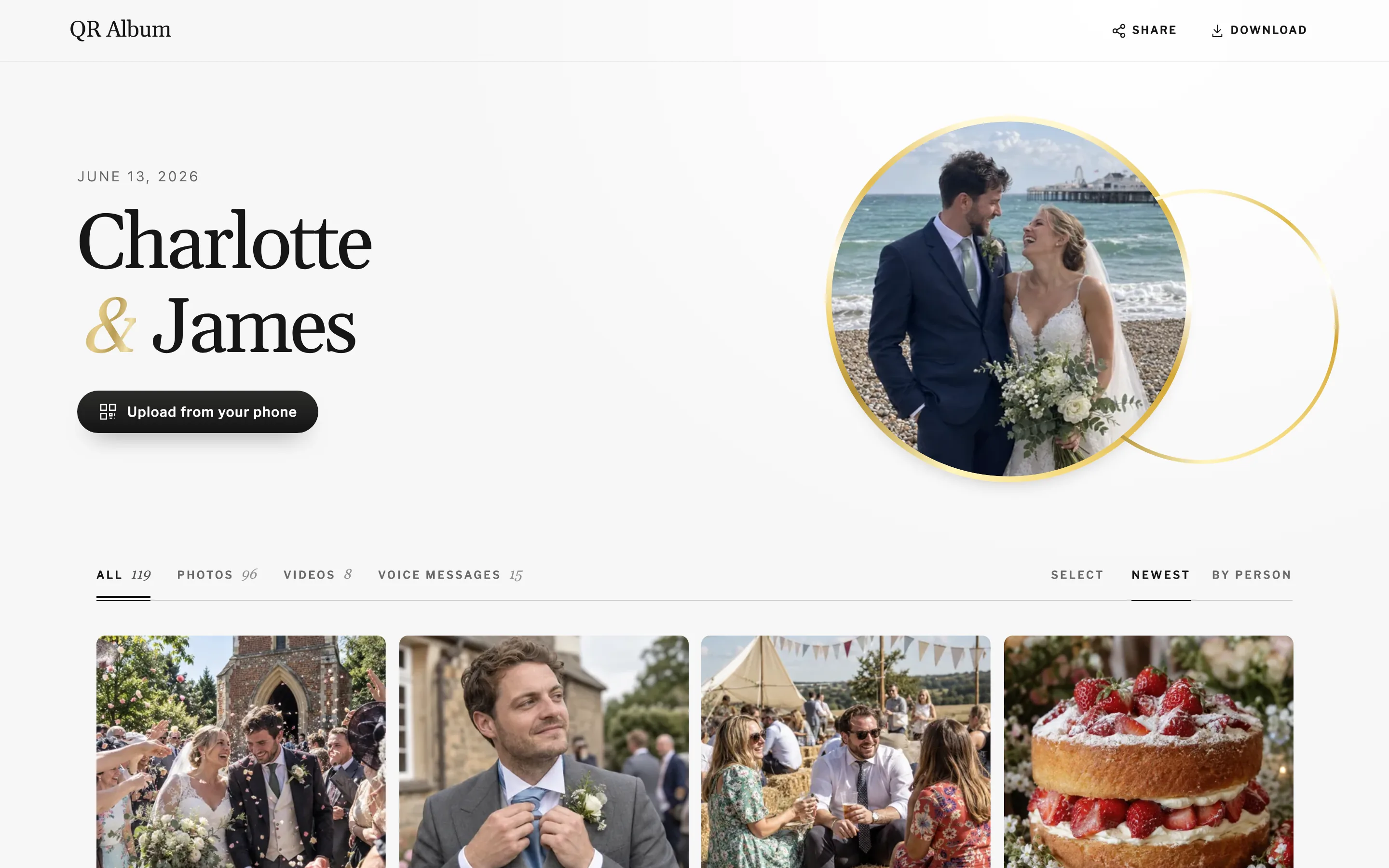 Guest album for Charlotte & James in the Union design on a laptop, with photos, videos and voice messages