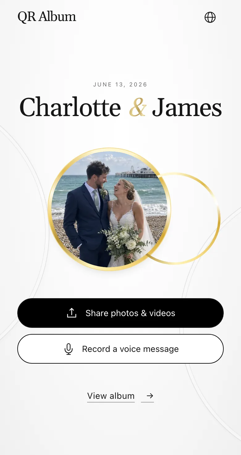 Guest page in the Union design on a phone, with buttons for photos, videos and voice messages