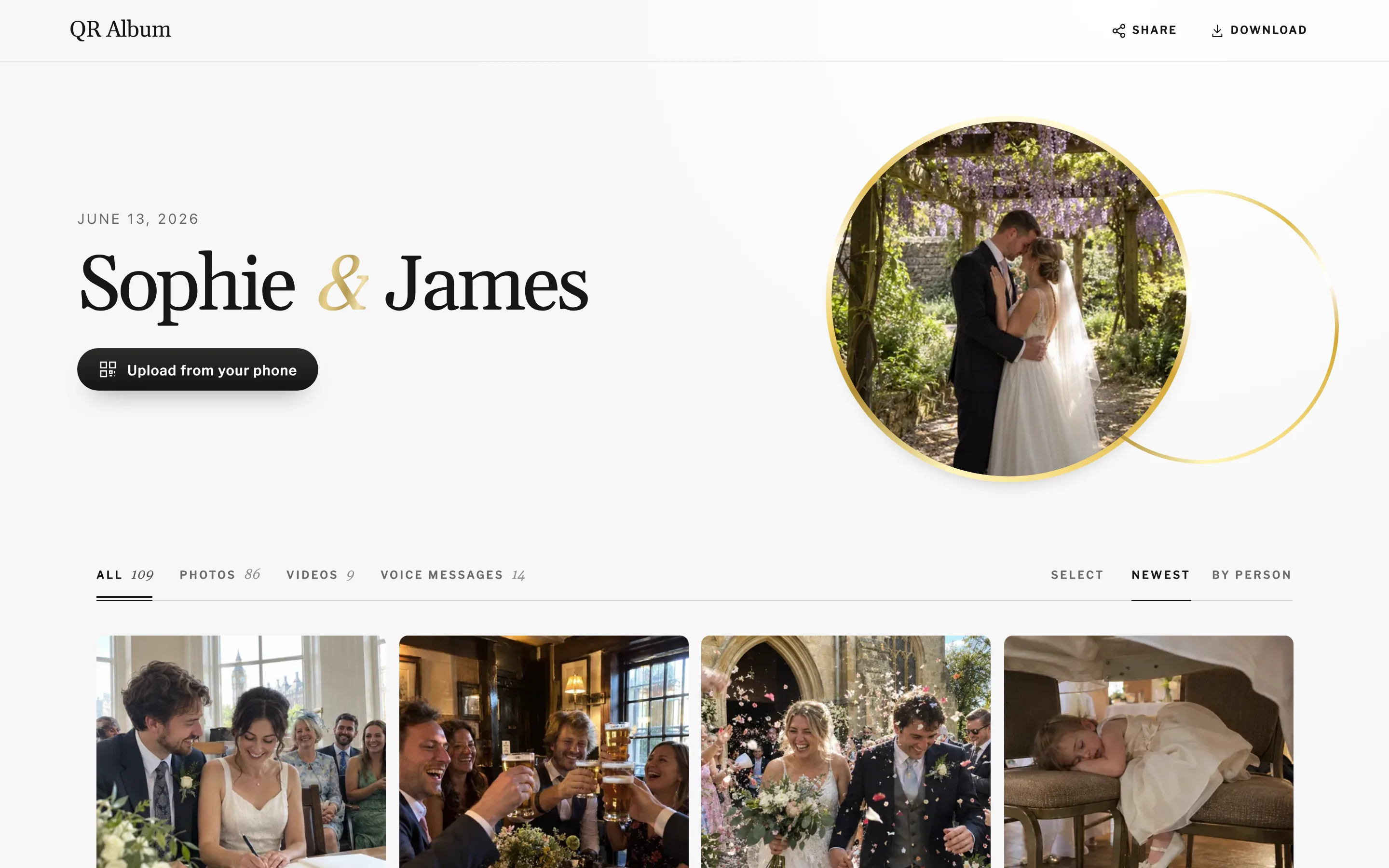 Example guest album for Sophie & James on a laptop, with tabs for photos, videos and voice messages