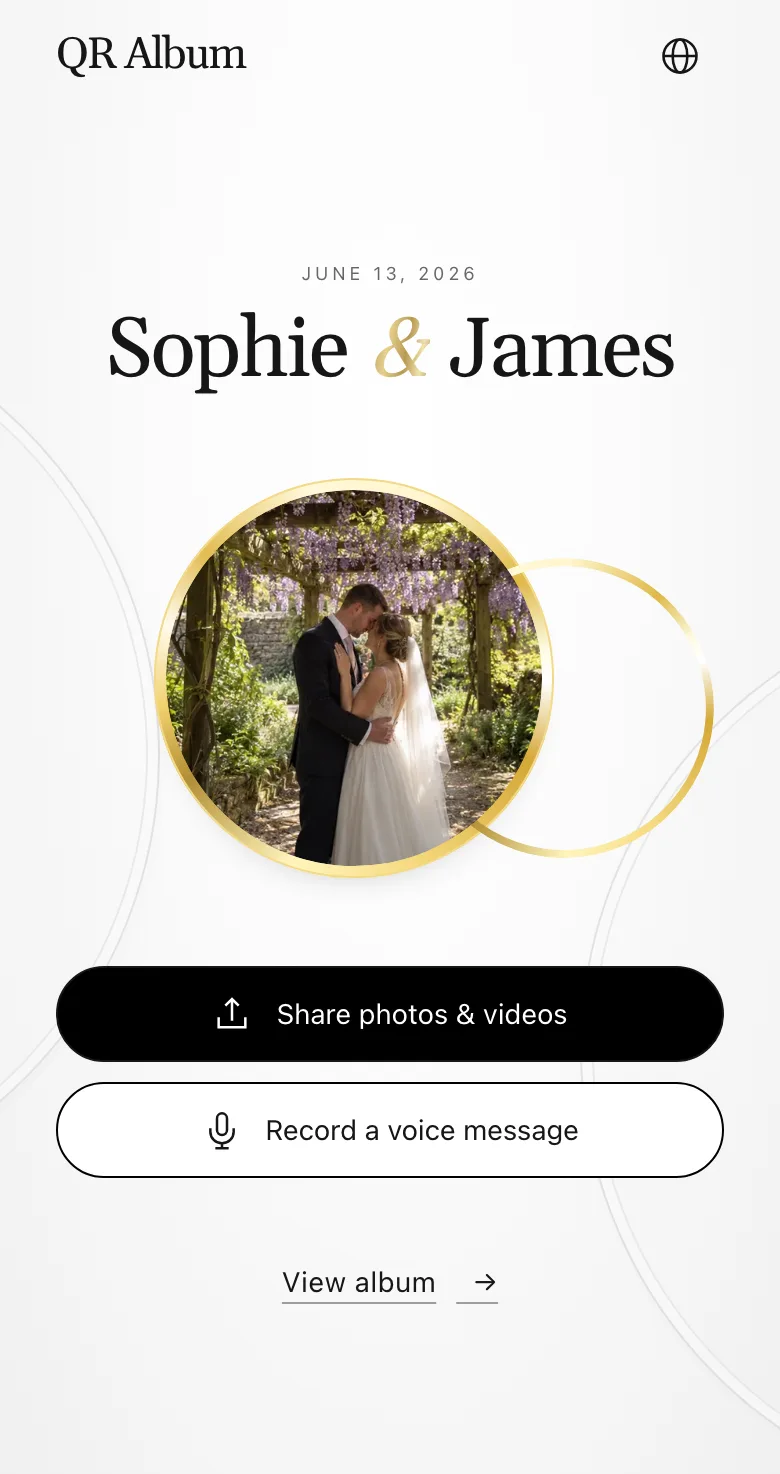 Example guest page on a phone, with buttons to share photos and videos or record a voice message