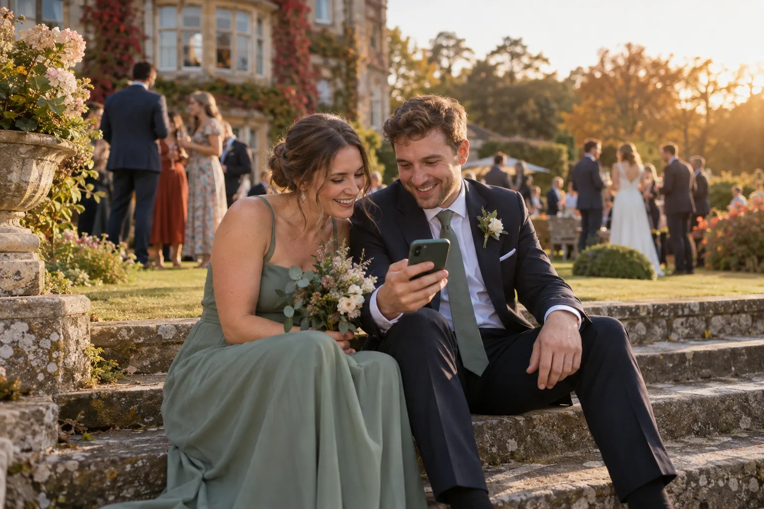 A bridesmaid and a groomsman on the terrace steps of an English country house look at wedding photos on a phone