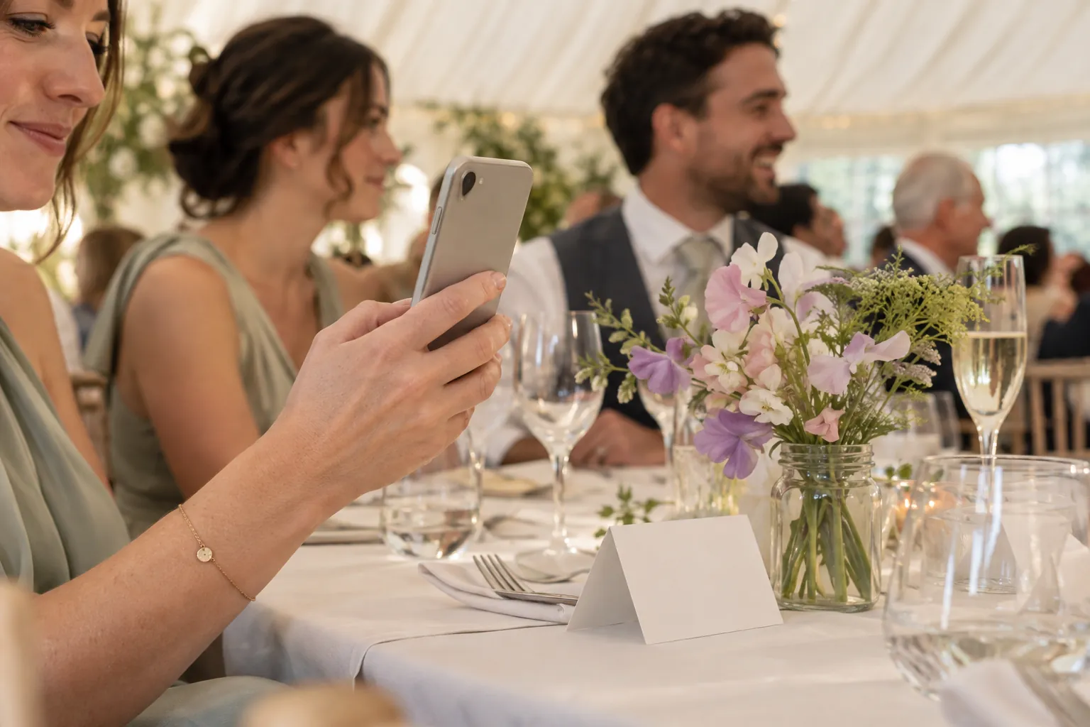 A wedding guest holds her phone over a reception table with a blank table card and sweet peas in a marquee