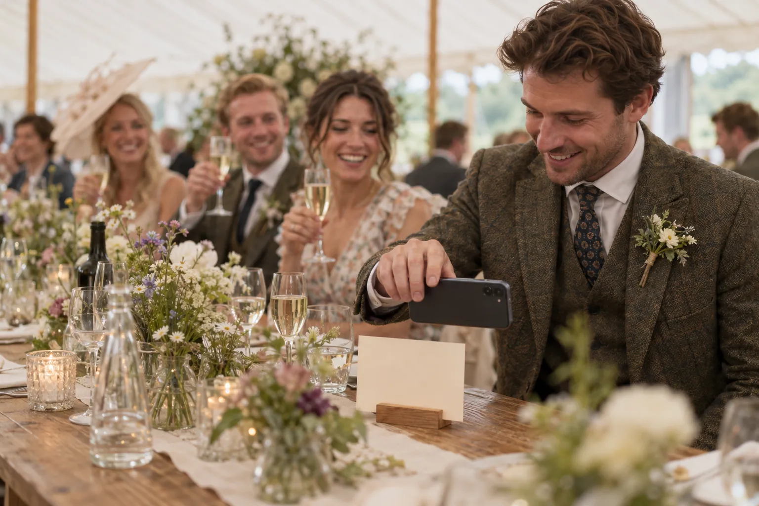 Wedding guests at a long table in a marquee, one guest holding a phone over a small table card