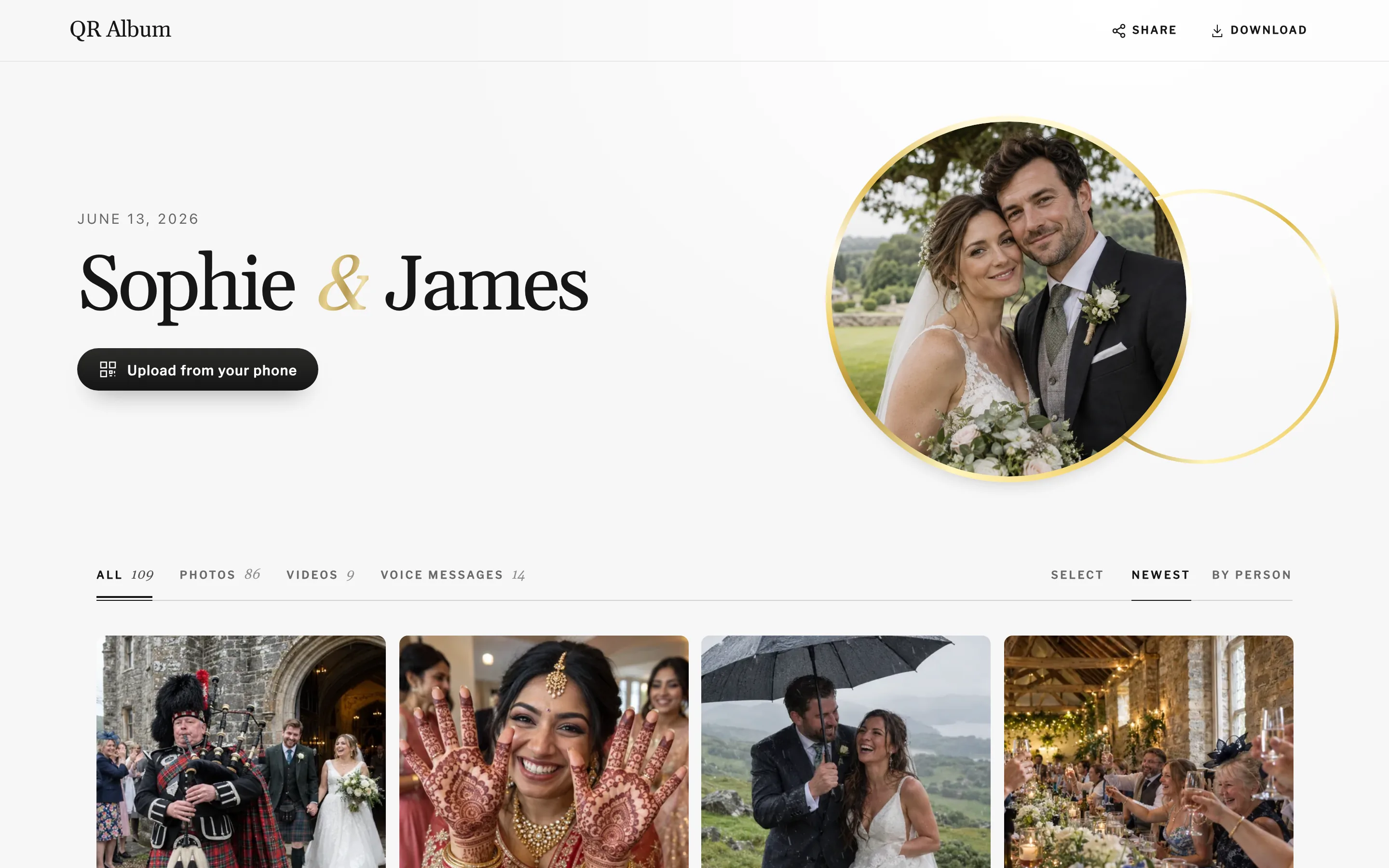 The guest album in the Union design on a laptop: cover photo, tabs and guests’ photos