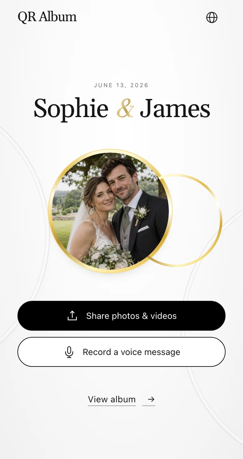The guest page in the Union design on a phone, with the “Share photos & videos” button