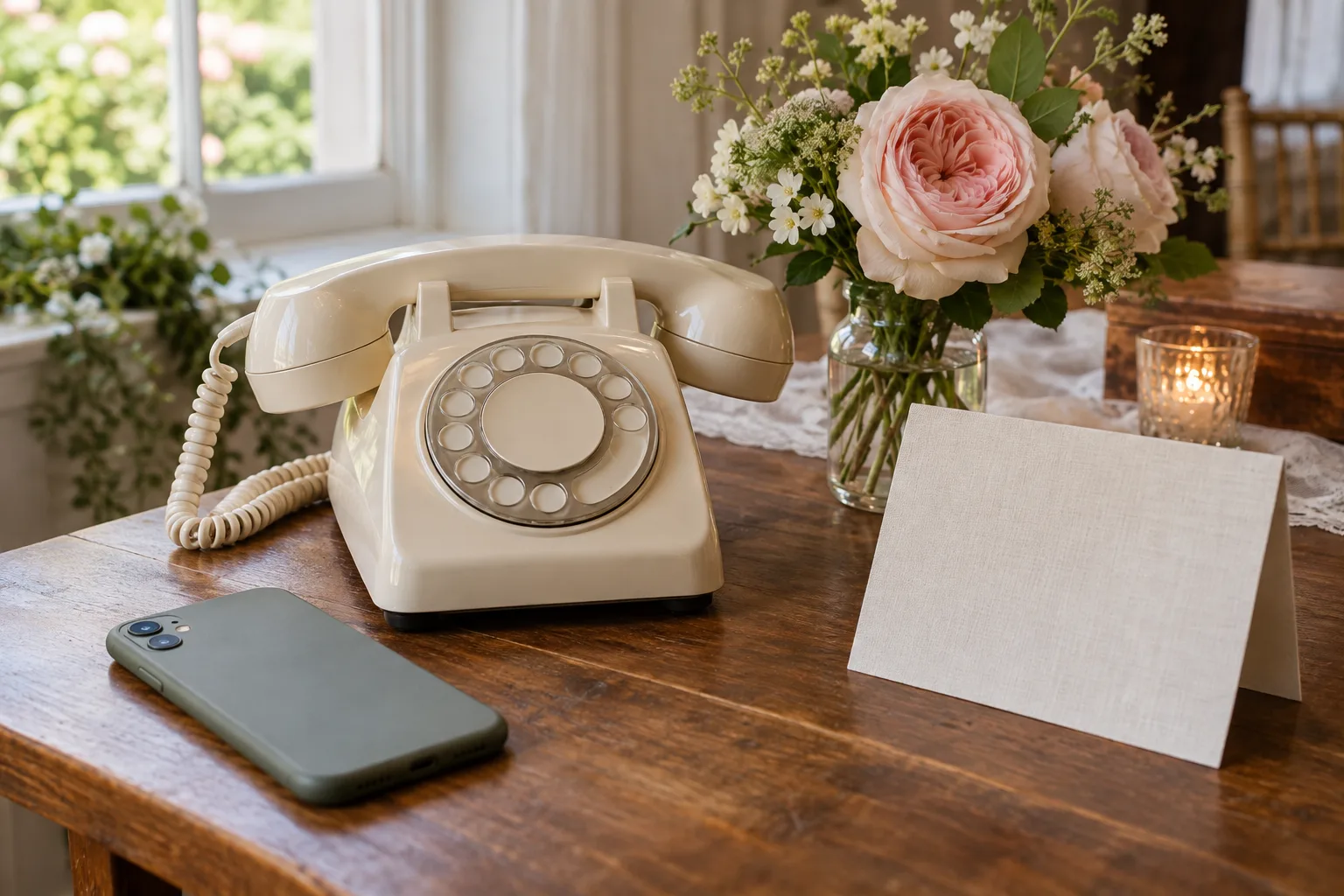A cream vintage rotary telephone next to a smartphone and garden roses on a guest book table