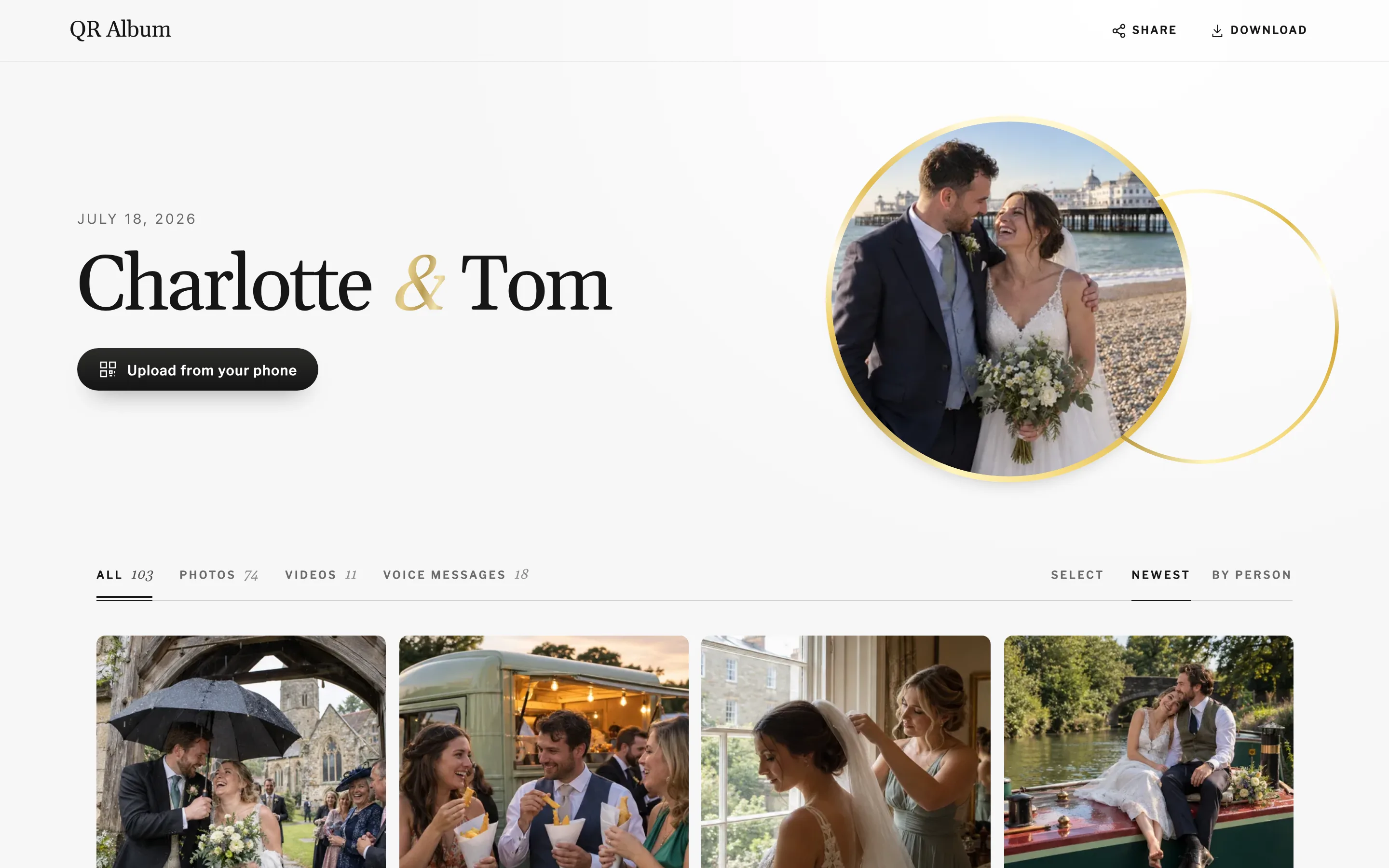 Charlotte & Tom’s guest album in the Union design on a laptop, with tabs for photos, videos and voice messages