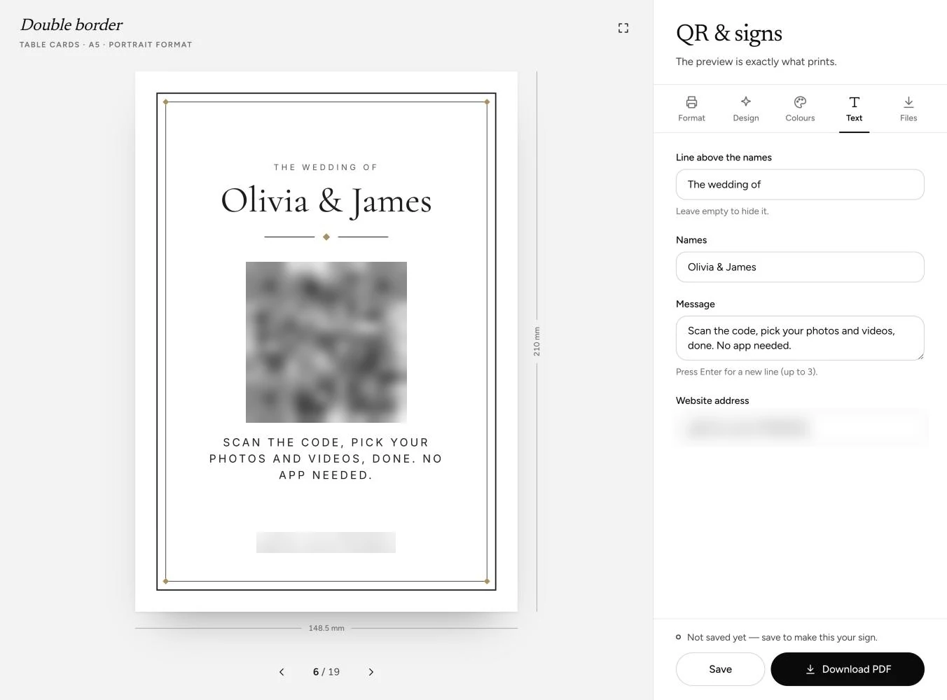 The QR & signs tab in the QR Album dashboard: an A5 table card in the Double border design with wording from this guide, and the Text panel beside it