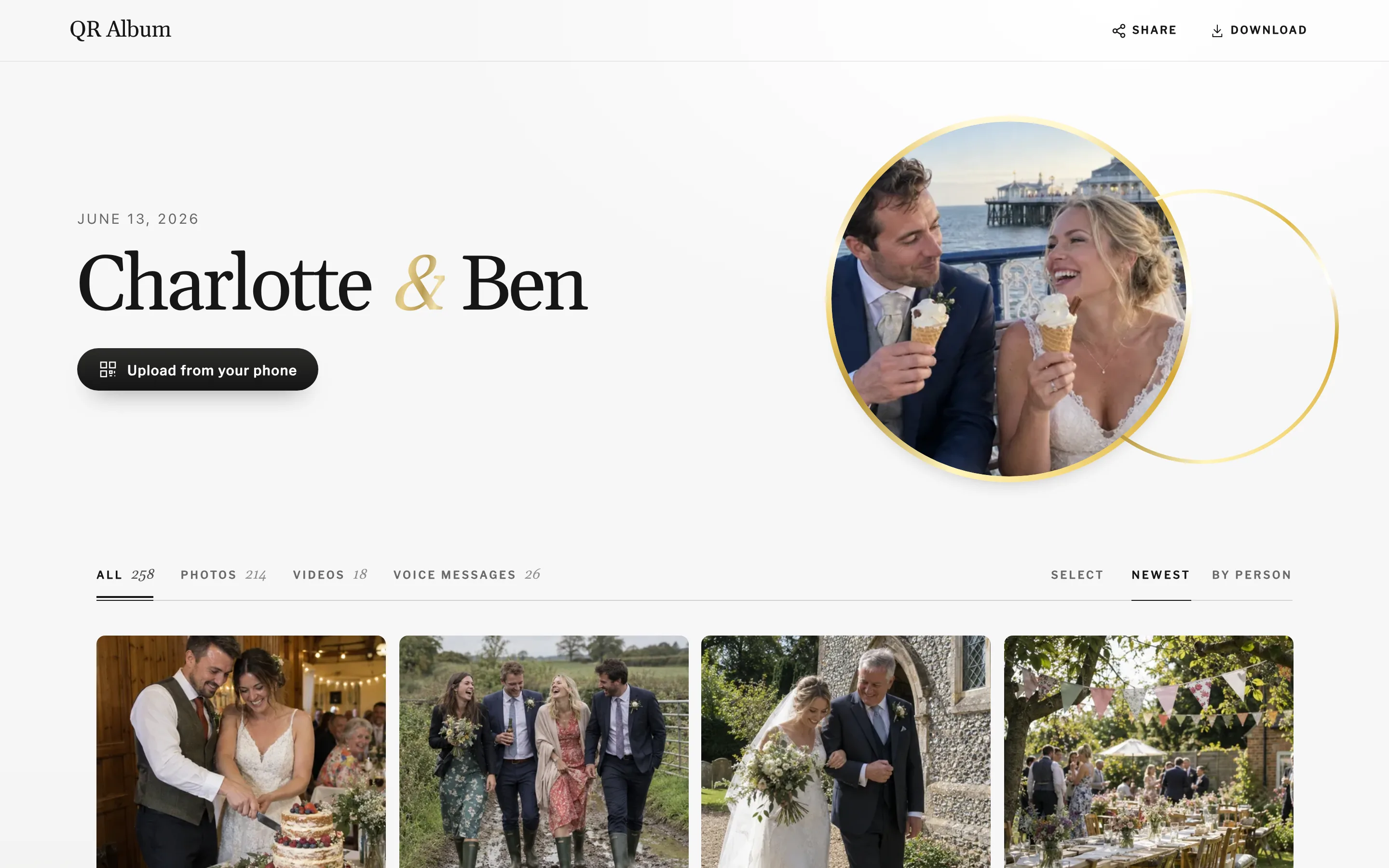 Guest album in the Union design on a laptop: Charlotte & Ben, with photos, videos and voice messages