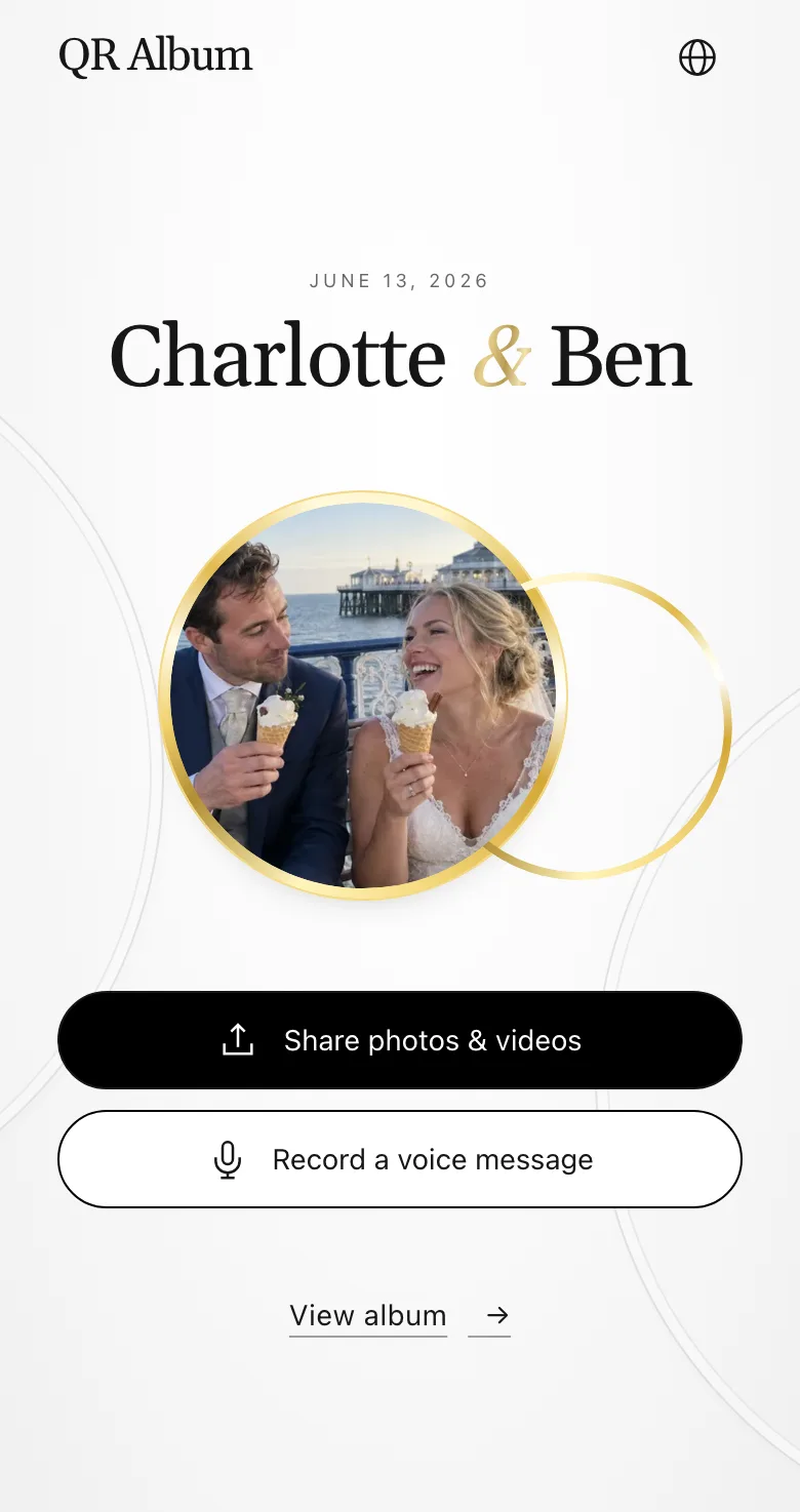Guest page in the Union design on a phone: share photos and videos or record a voice message