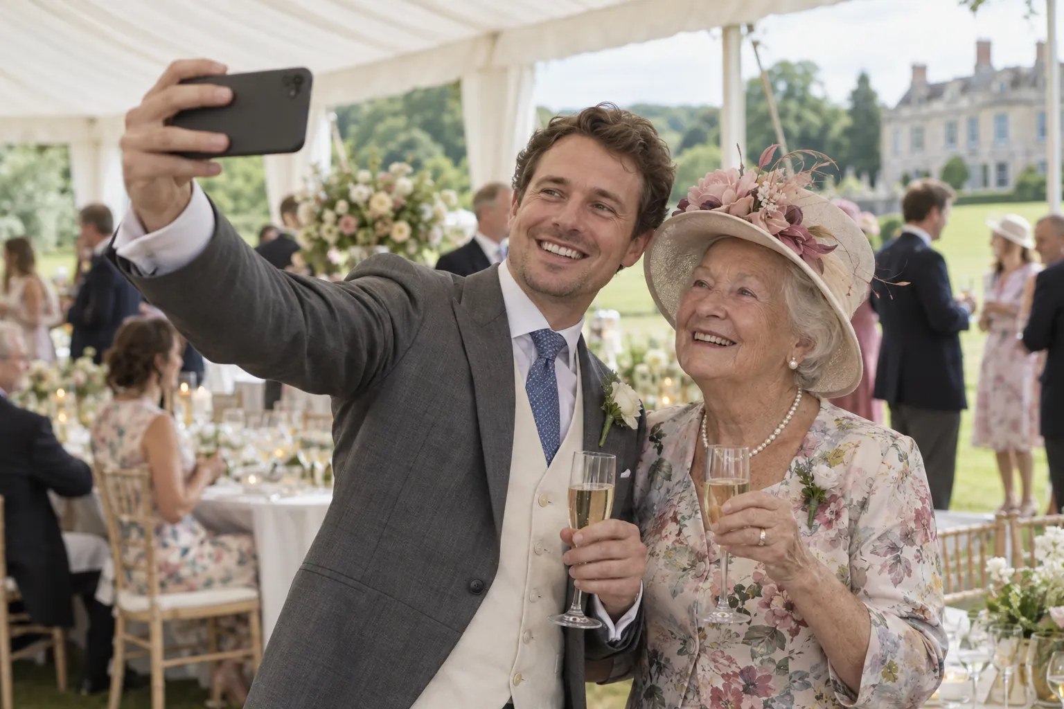 A best man and an aunt in a floral hat record a video toast on a phone in a wedding marquee
