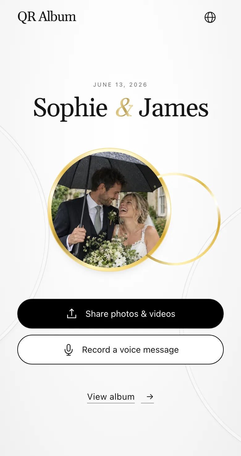 Guest page in the Union design on a phone with the “Share photos & videos” button