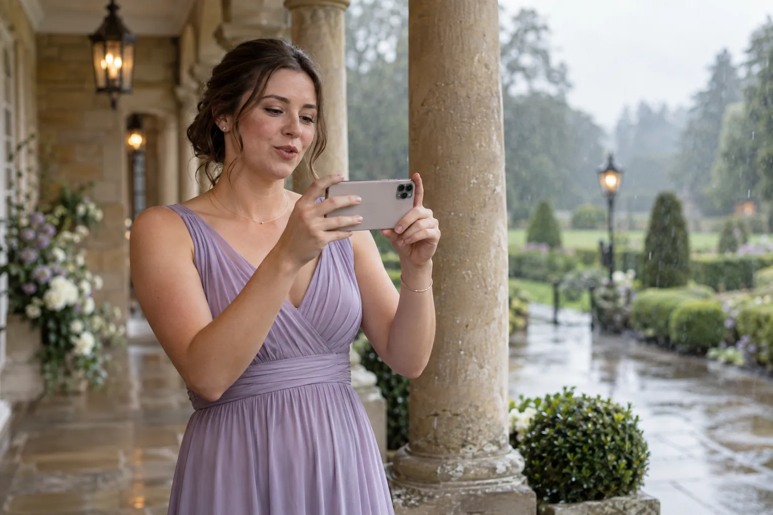 A wedding guest records a quiet video message under a covered porch while it rains in the garden