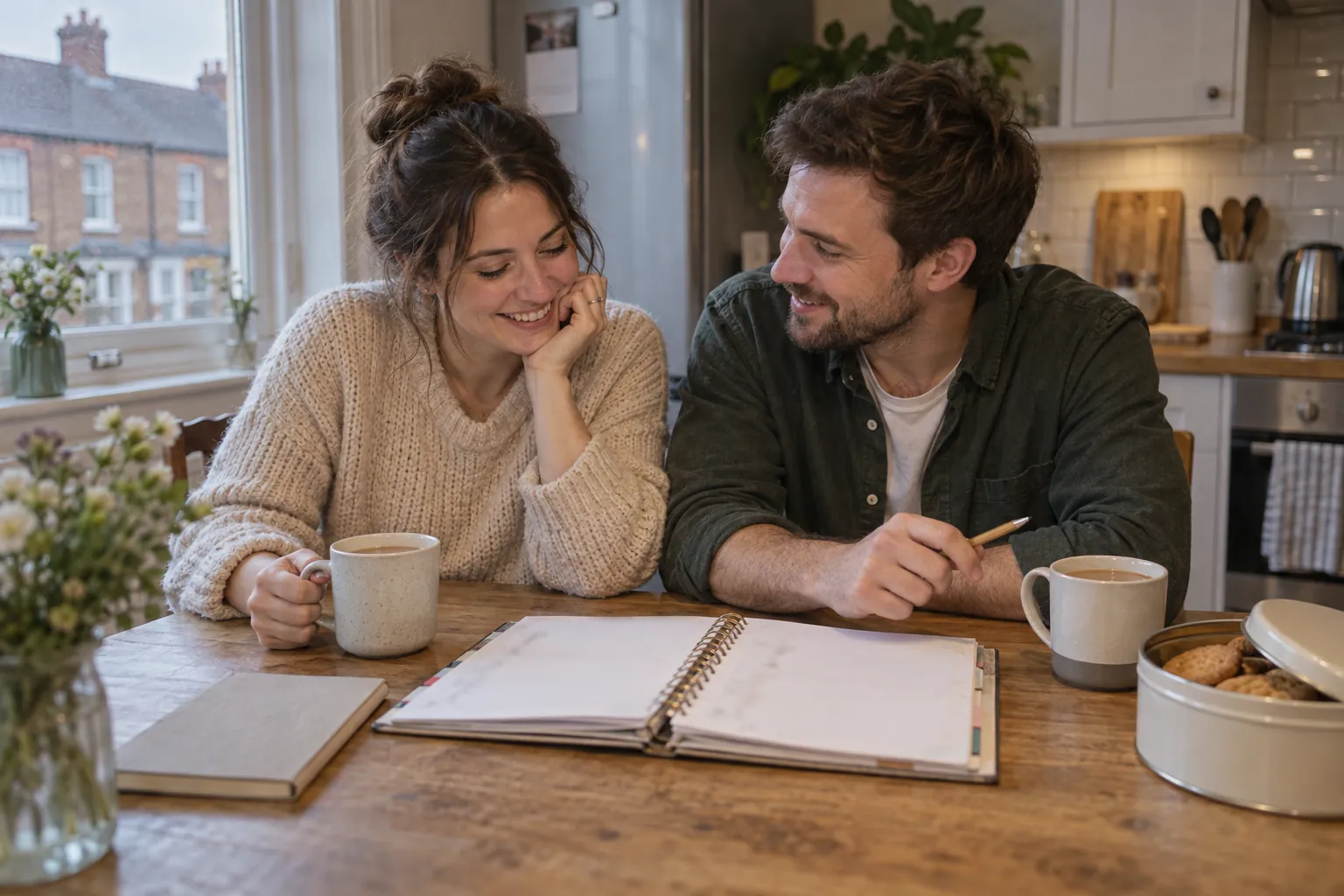 An engaged couple at a kitchen table with a wedding planner, a notebook of sums and mugs of tea