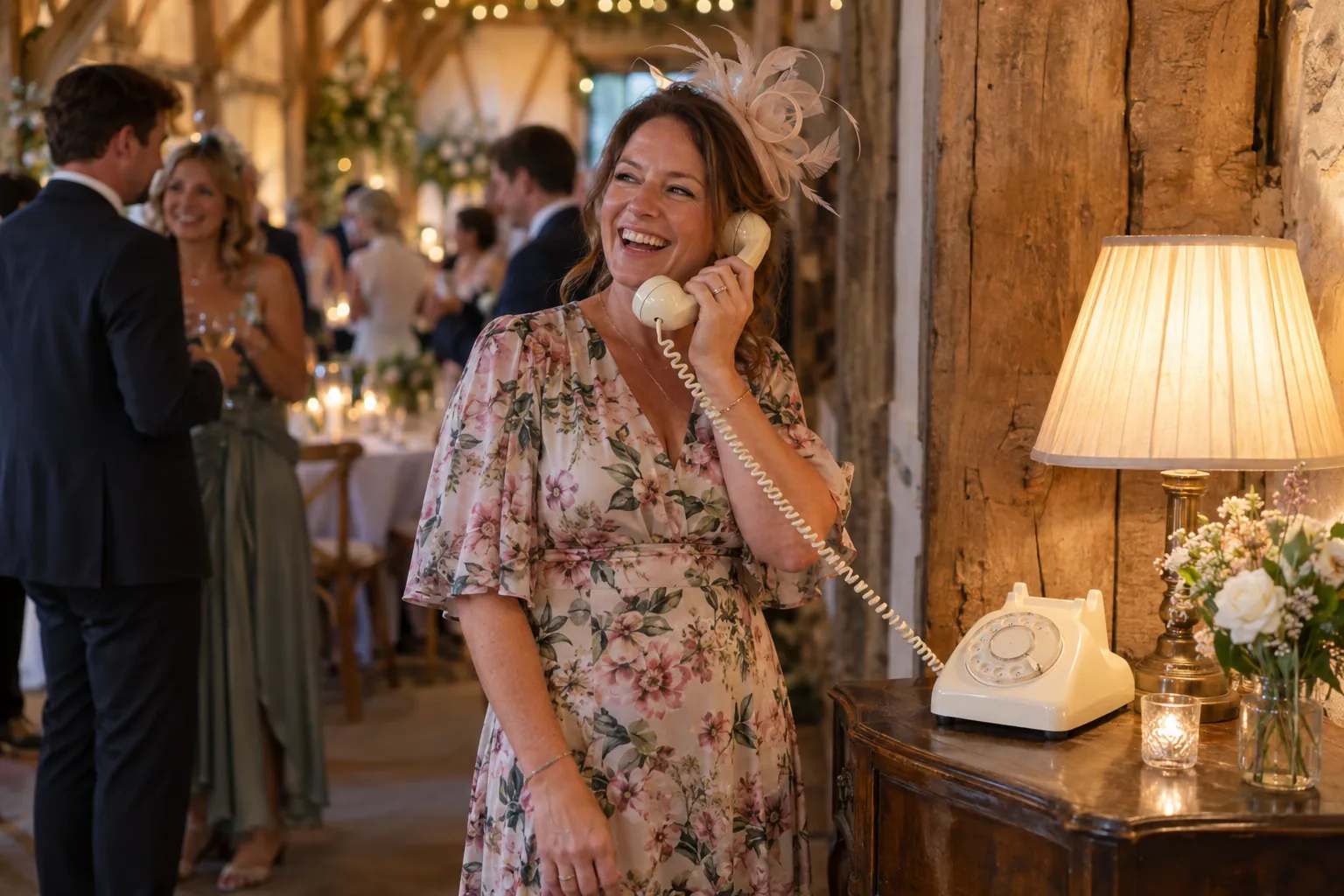 A wedding guest in a fascinator laughs into the handset of a cream retro telephone in a Sussex barn