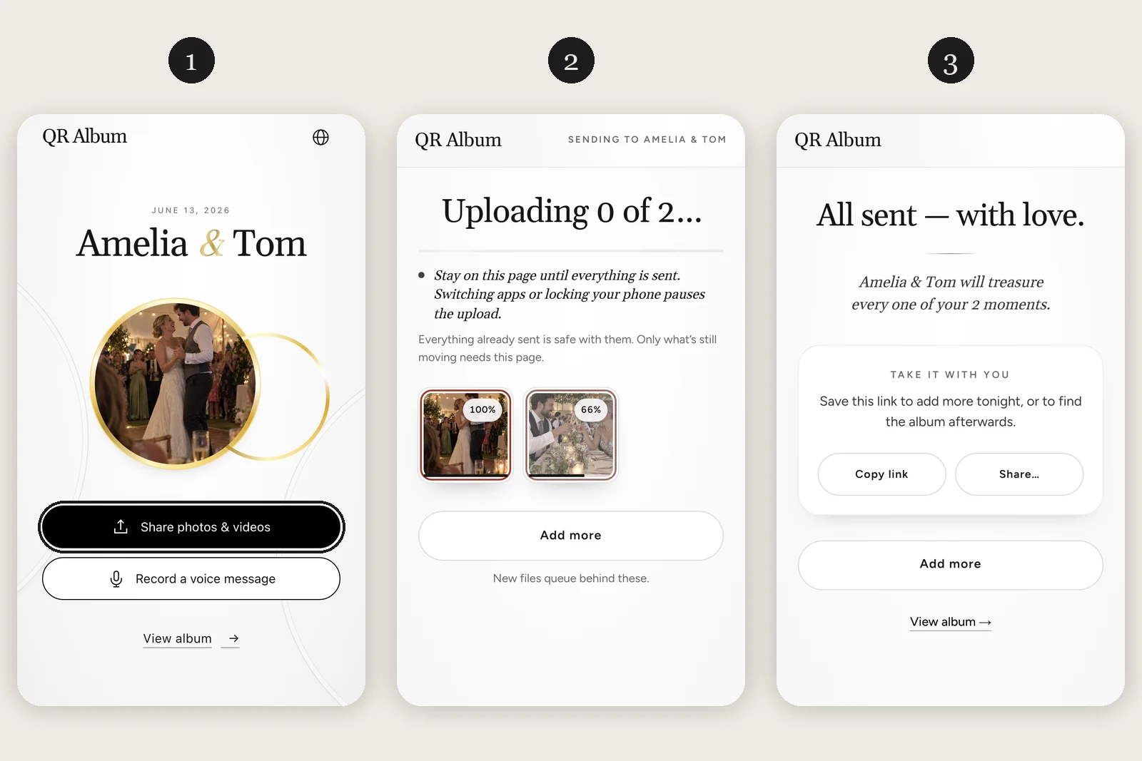 Three screens of the QR Album guest page on a phone: the album page for Amelia and Tom, the upload progress and the confirmation